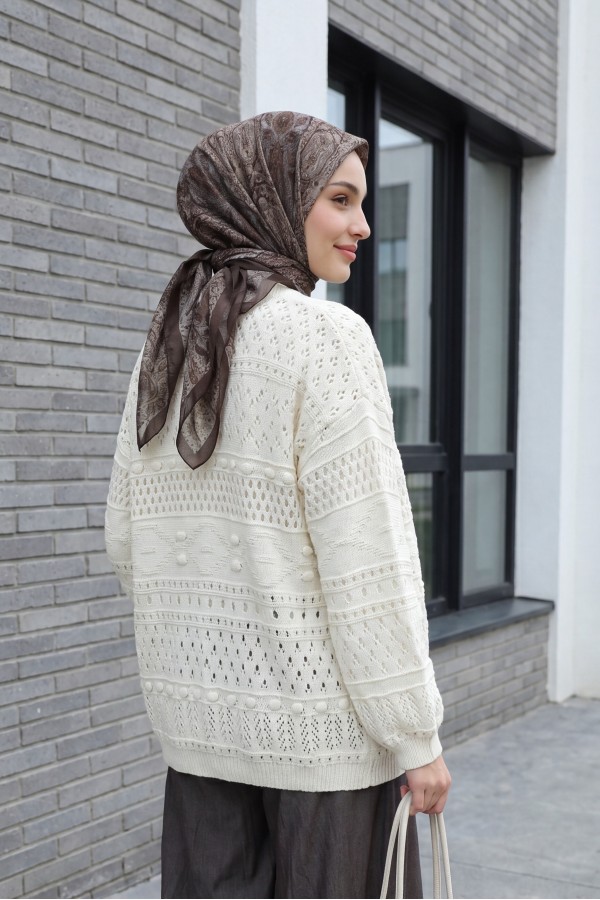 Openwork Knit Cardigan with Pom-Pom Detail -Ecru
