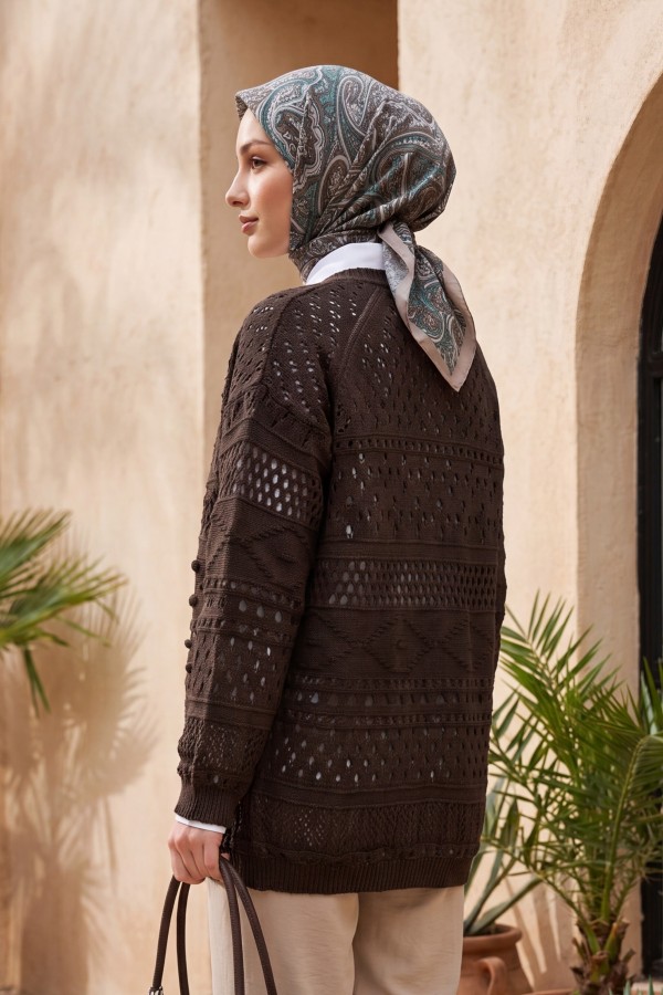 Openwork Knit Cardigan with Pom-Pom Detail -Dark Coffee