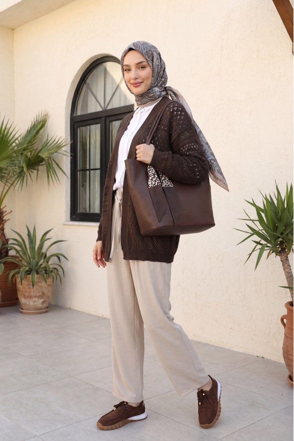Openwork Knit Cardigan with Pom-Pom Detail -Dark Coffee