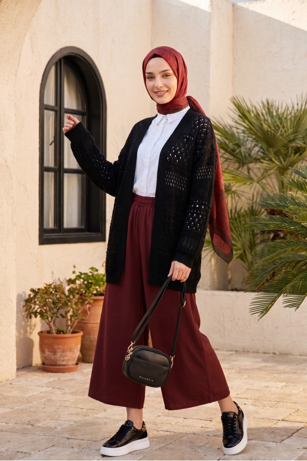 كارديجان محبوك مفتوح بتفاصيل بوم بوم -أسود