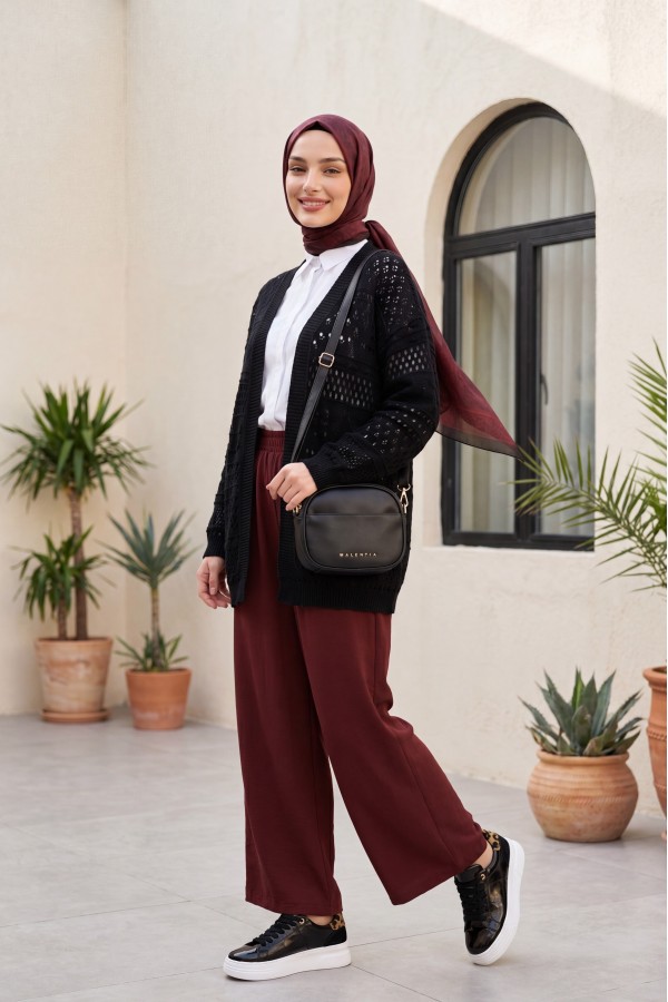 كارديجان محبوك مفتوح بتفاصيل بوم بوم -أسود