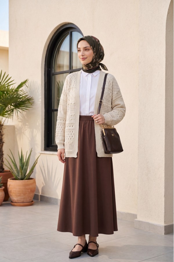 Openwork Knit Cardigan with Pom-Pom Detail -Stone