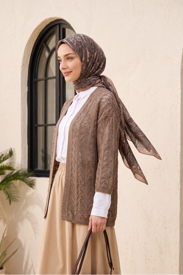 Half Sleeve Openwork Short Cardigan      -Brown