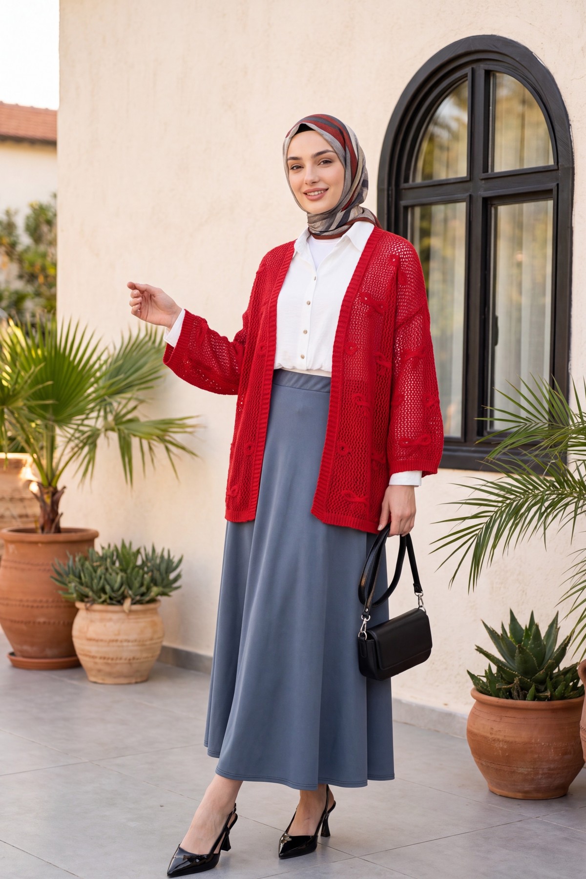 Bow Patterned Openwork Knit Cardigan   -Red
