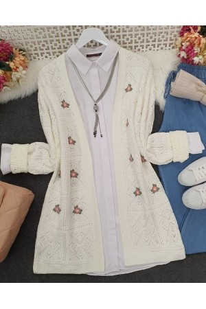 Ajurlu Nakışlı Hırka -Ekru