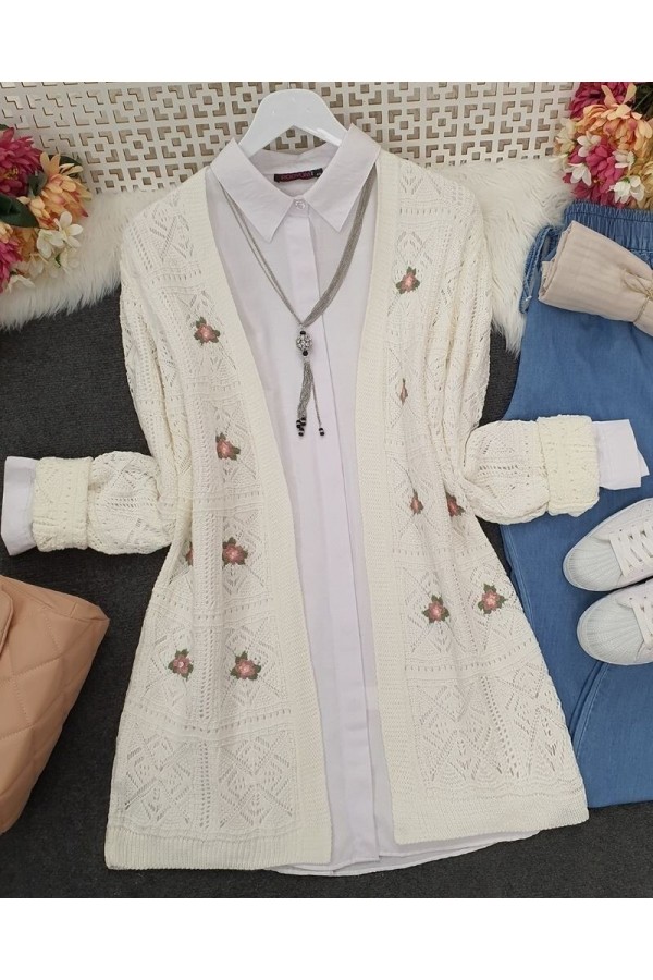 Openwork Embroidered Cardigan -Ecru