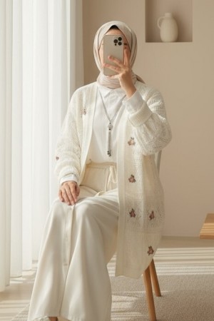 Ajurlu Nakışlı Hırka -Ekru