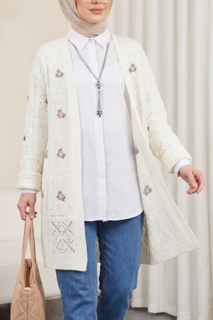 Ajurlu Nakışlı Hırka -Ekru