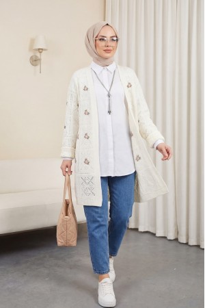 Ajurlu Nakışlı Hırka -Ekru