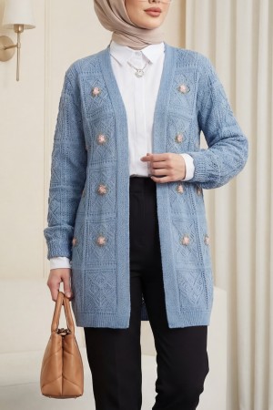 Ajurlu Nakışlı Hırka -Mavi