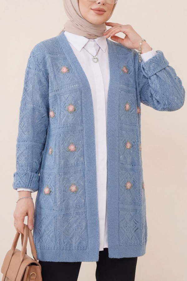 Openwork Embroidered Cardigan -Blue