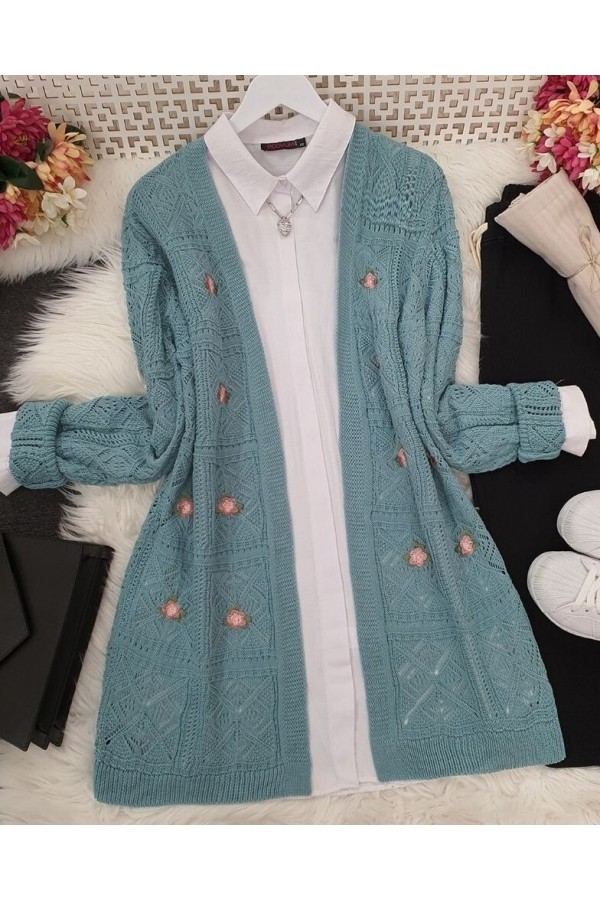 Openwork Embroidered Cardigan -Mint Color