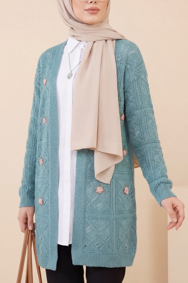 Openwork Embroidered Cardigan -Mint Color