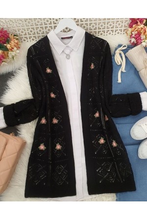 Ajurlu Nakışlı Hırka -Siyah