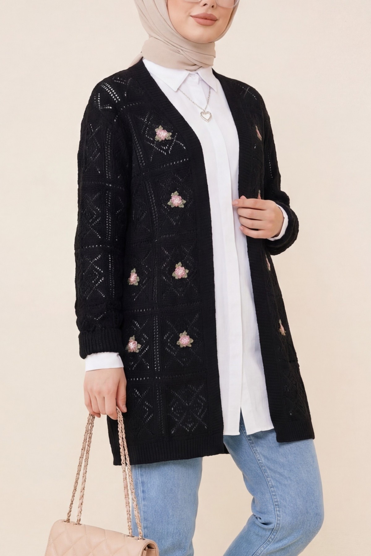 Openwork Embroidered Cardigan -Black