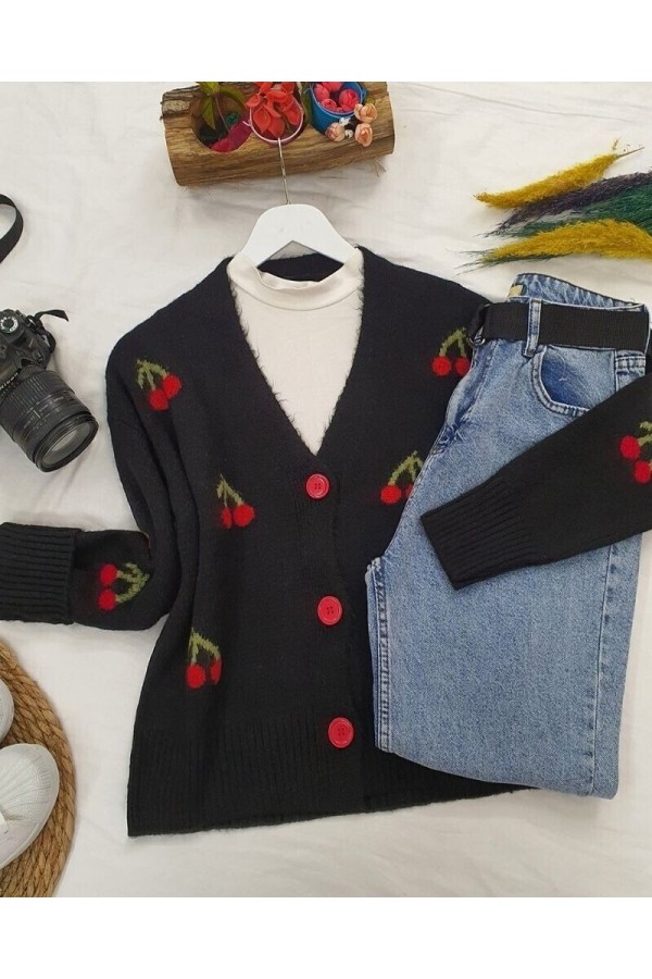 Cherry Patterned Short Cardigan  -Black