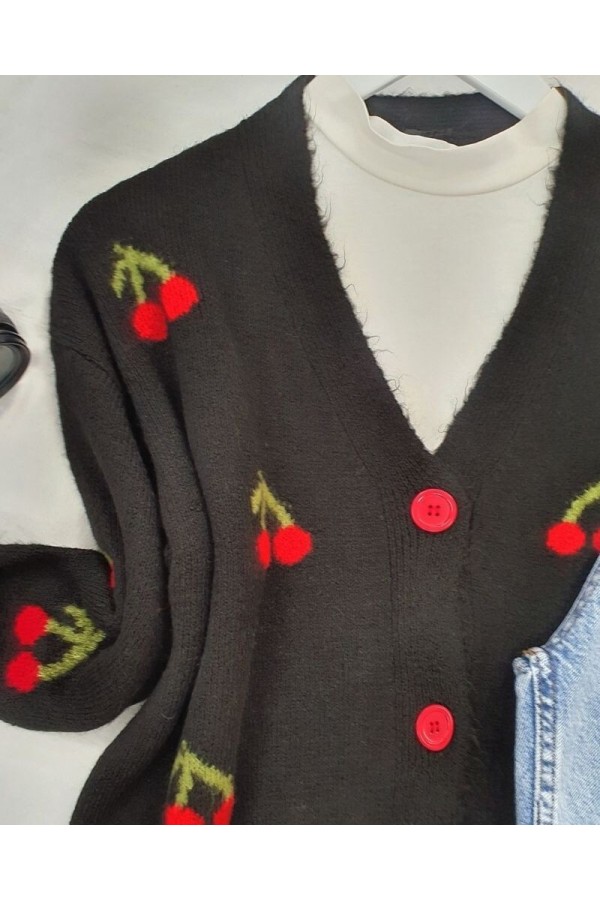 Cherry Patterned Short Cardigan  -Black