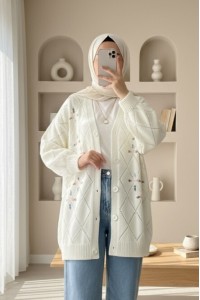 Ajurlu Çiçek Nakışlı Düğmeli Triko Hırka -Ekru