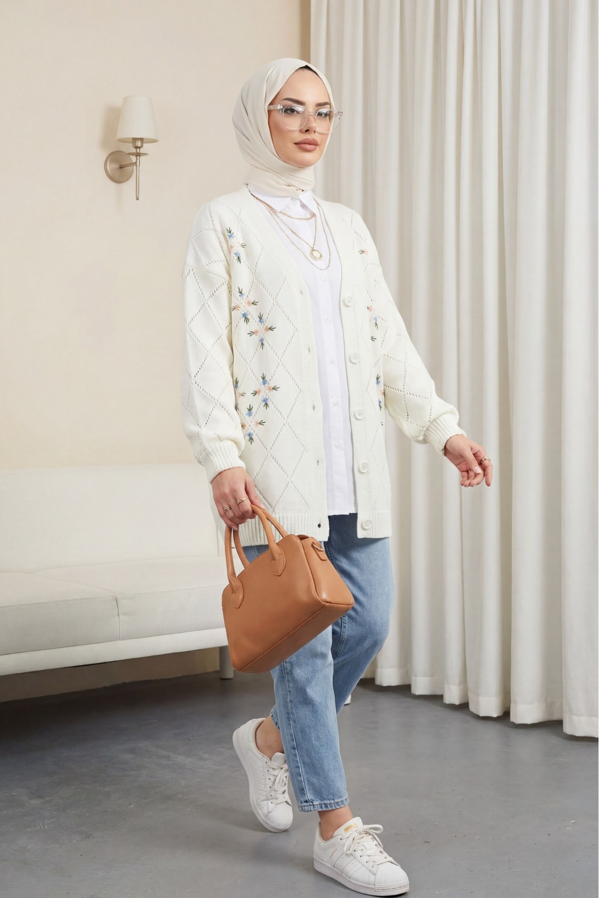 Openwork Floral Embroidered Buttoned Knitwear Cardigan -Ecru