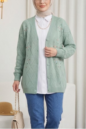 Ajurlu Çiçek Nakışlı Düğmeli Triko Hırka -Mint