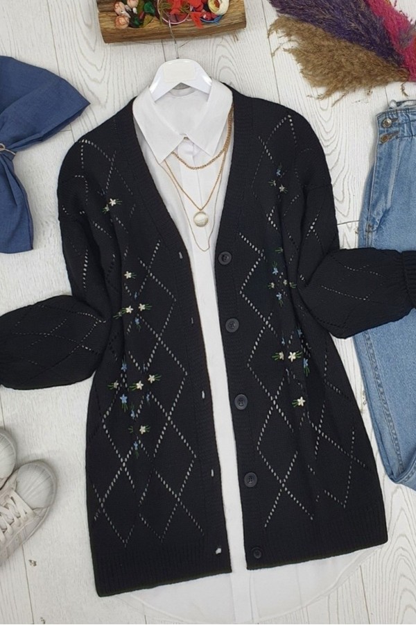 Openwork Floral Embroidered Buttoned Knitwear Cardigan -Black