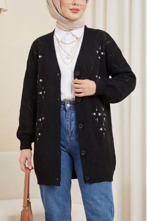 Openwork Floral Embroidered Buttoned Knitwear Cardigan -Black