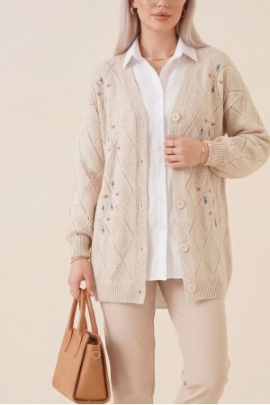 Ajurlu Çiçek Nakışlı Düğmeli Triko Hırka  -Taş