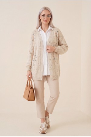 Ajurlu Çiçek Nakışlı Düğmeli Triko Hırka  -Taş