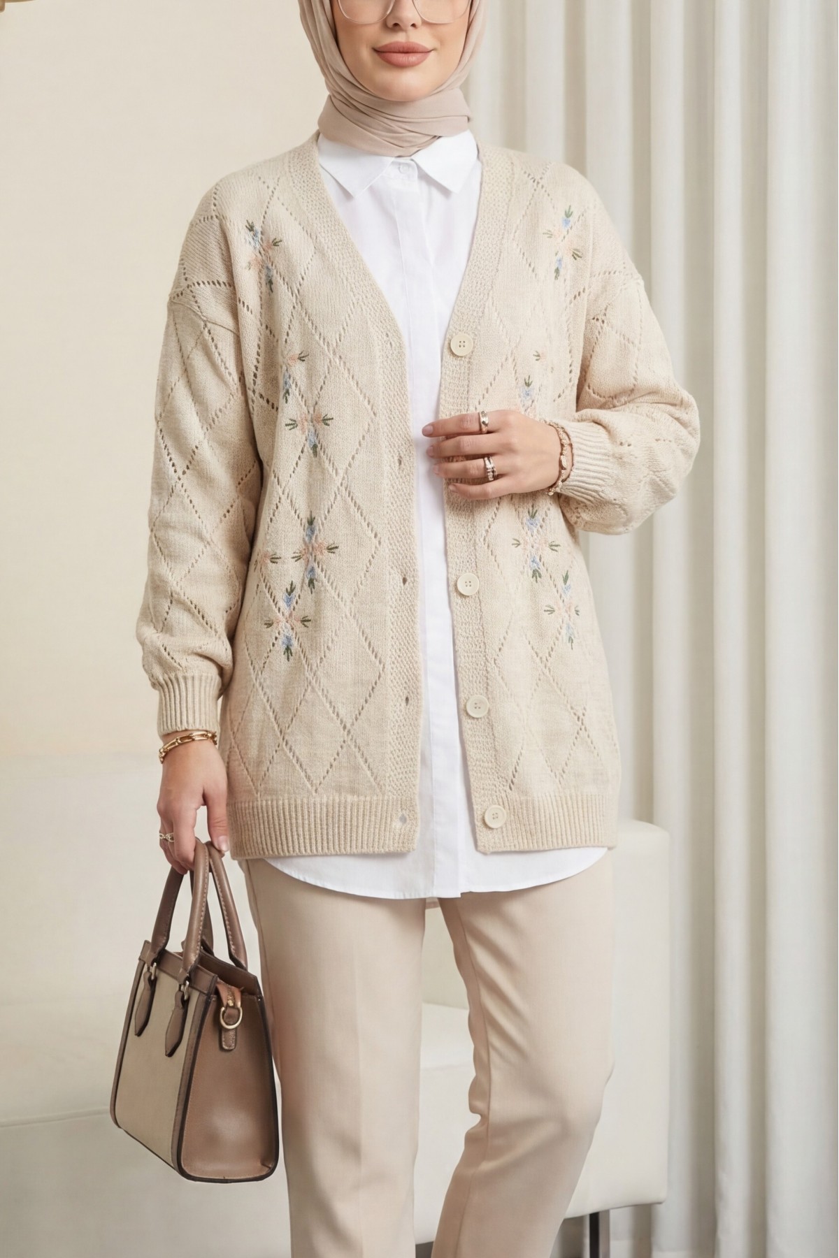 Openwork Floral Embroidered Buttoned Knitwear Cardigan  -Stone