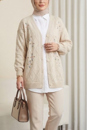 Ajurlu Çiçek Nakışlı Düğmeli Triko Hırka  -Taş