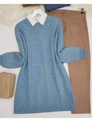 Bisiklet Yaka Baklava Desen Triko Kazak -Mavi