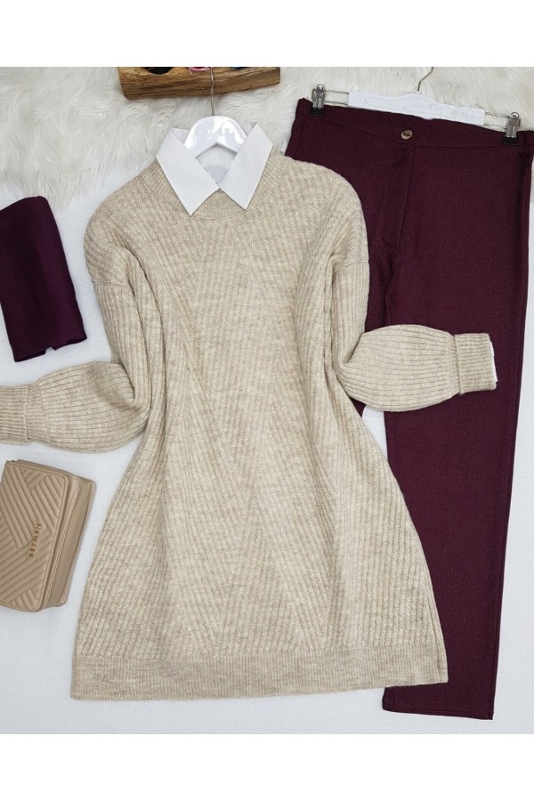Crew Neck Diamond Pattern Knitwear Sweater -Stone