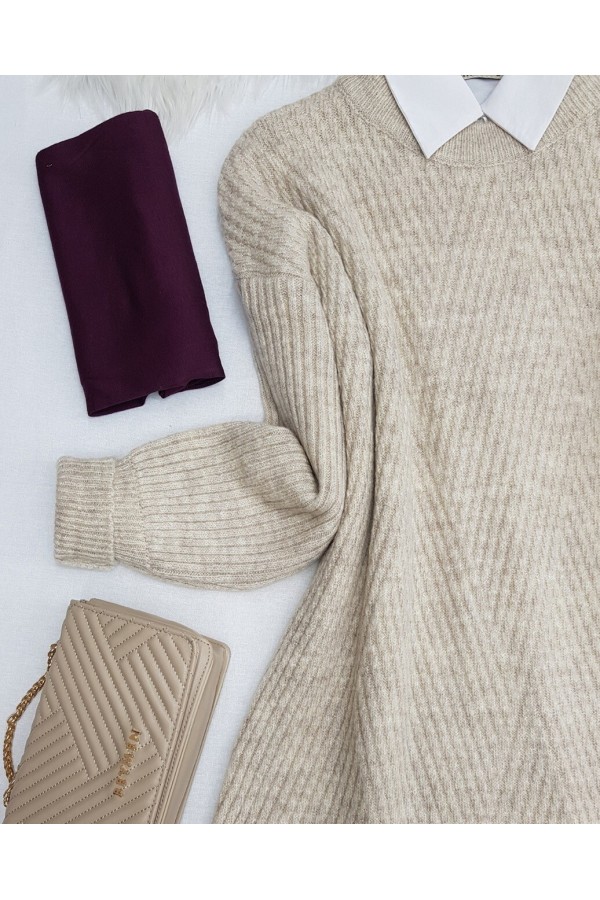 Crew Neck Diamond Pattern Knitwear Sweater -Stone