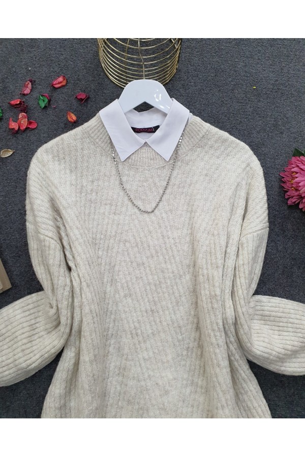 Crew Neck Diamond Pattern Knitwear Sweater -Stone