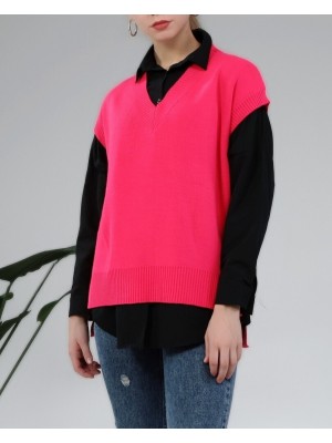 Örgü Desen Triko Süveter -Fuşya