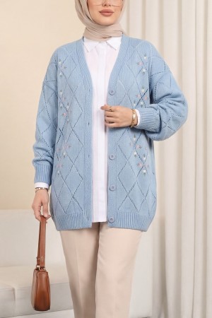 Ajurlu Çiçek Nakışlı Düğmeli Triko Hırka     -Mavi