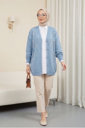 Ajurlu Çiçek Nakışlı Düğmeli Triko Hırka     -Mavi