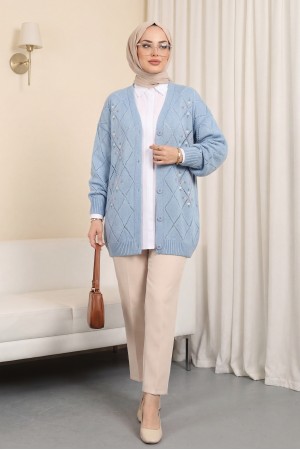 Ajurlu Çiçek Nakışlı Düğmeli Triko Hırka     -Mavi