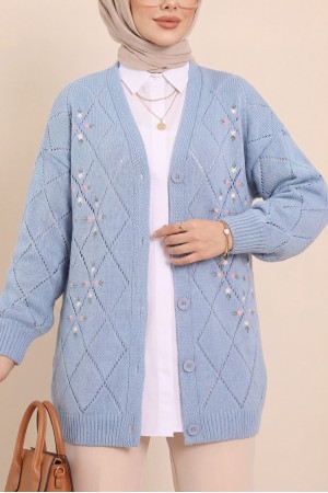 Ajurlu Çiçek Nakışlı Düğmeli Triko Hırka     -Mavi