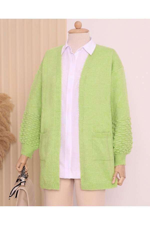 Balloon Sleeve Sleeve Pompom Pocket Cardigan  -PISTACHIO GREEN