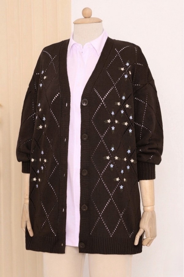 Openwork Floral Embroidered Buttoned Knitwear Cardigan      -Dark Coffee