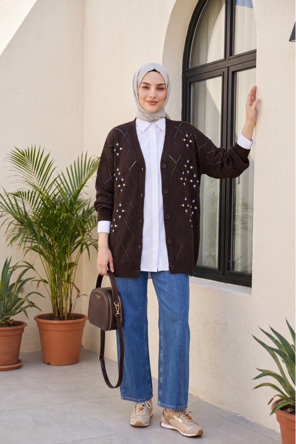 Openwork Floral Embroidered Buttoned Knitwear Cardigan      -Dark Coffee