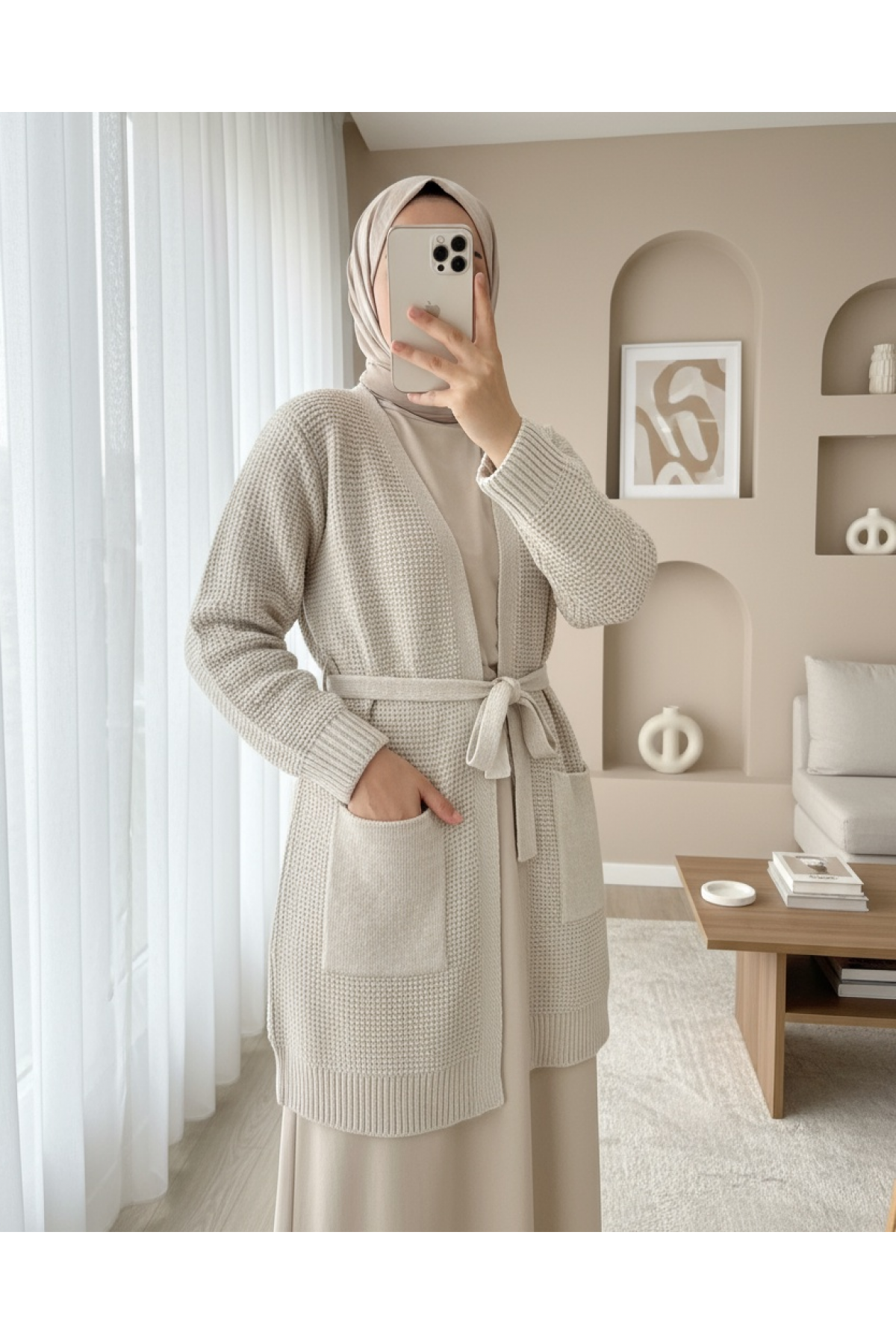 Lace-Up Brass Knit Sweater Cardigan -Stone