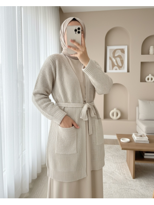 Bağcıklı Prinç Örgü Triko Hırka -Taş