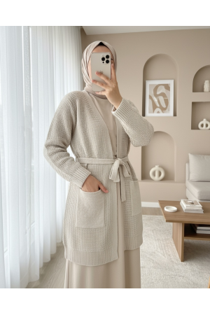 Bağcıklı Prinç Örgü Triko Hırka -Taş