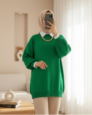 Düz Bisiklet Yaka Balon Kol Triko Tunik -Zümrüt