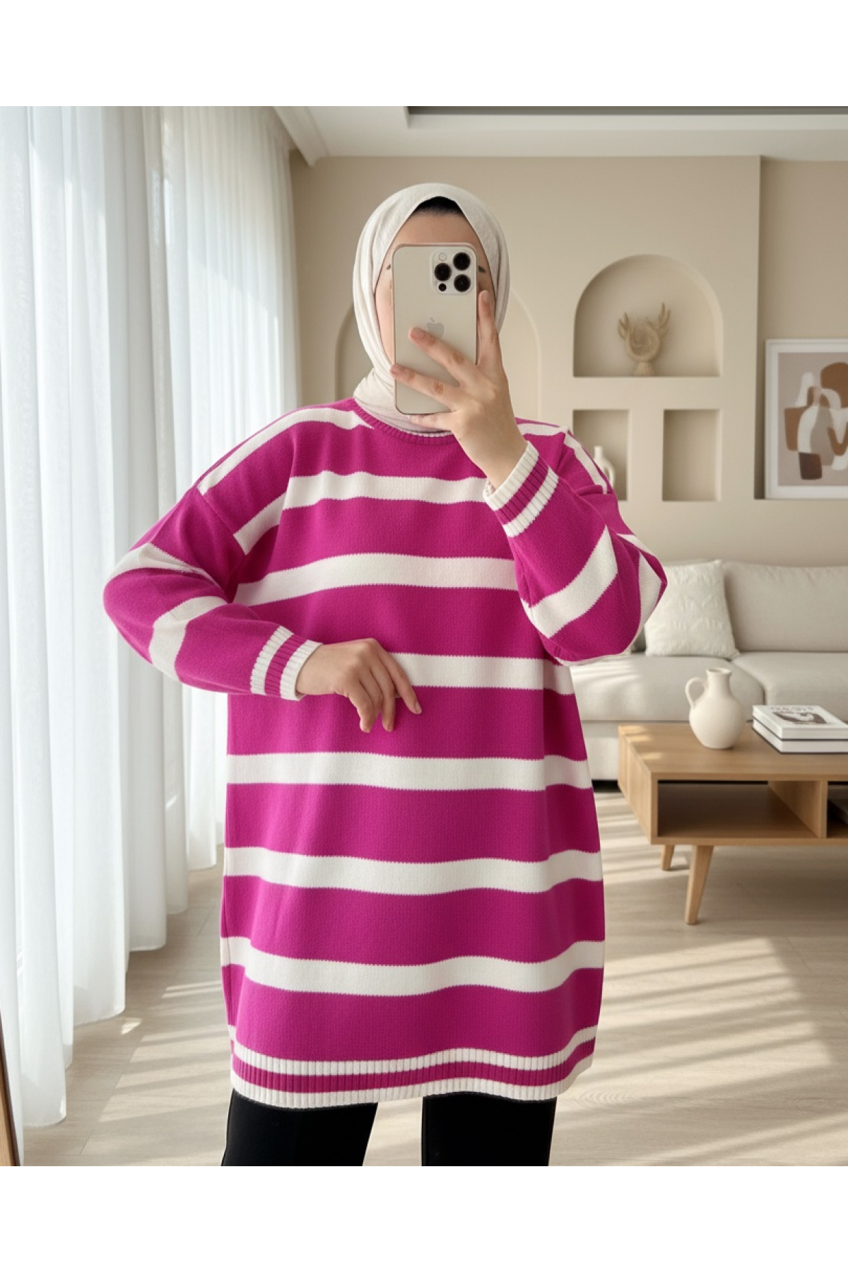 Striped Winter Hijab Knitwear Tunic -Fuchsia