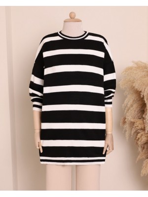 Striped Winter Hijab Knitwear Tunic -Black