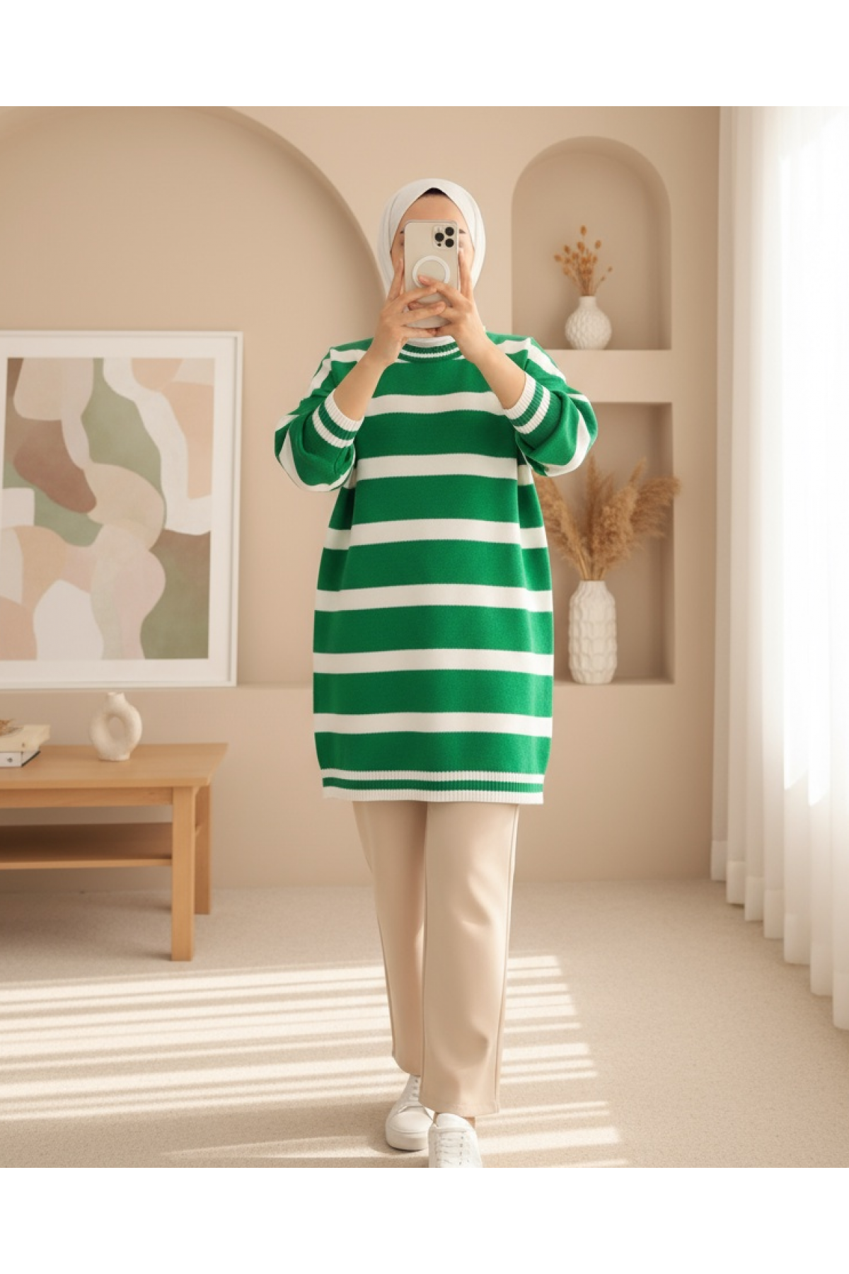 Striped Winter Hijab Knitwear Tunic -Green
