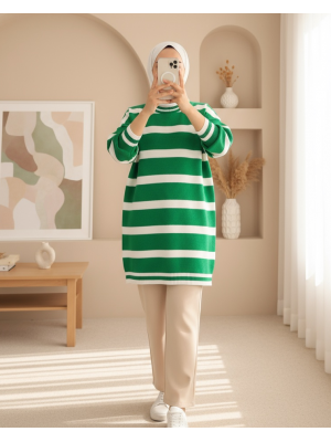 Çizgili Kışlık Tesettür Triko Tunik -Yeşil